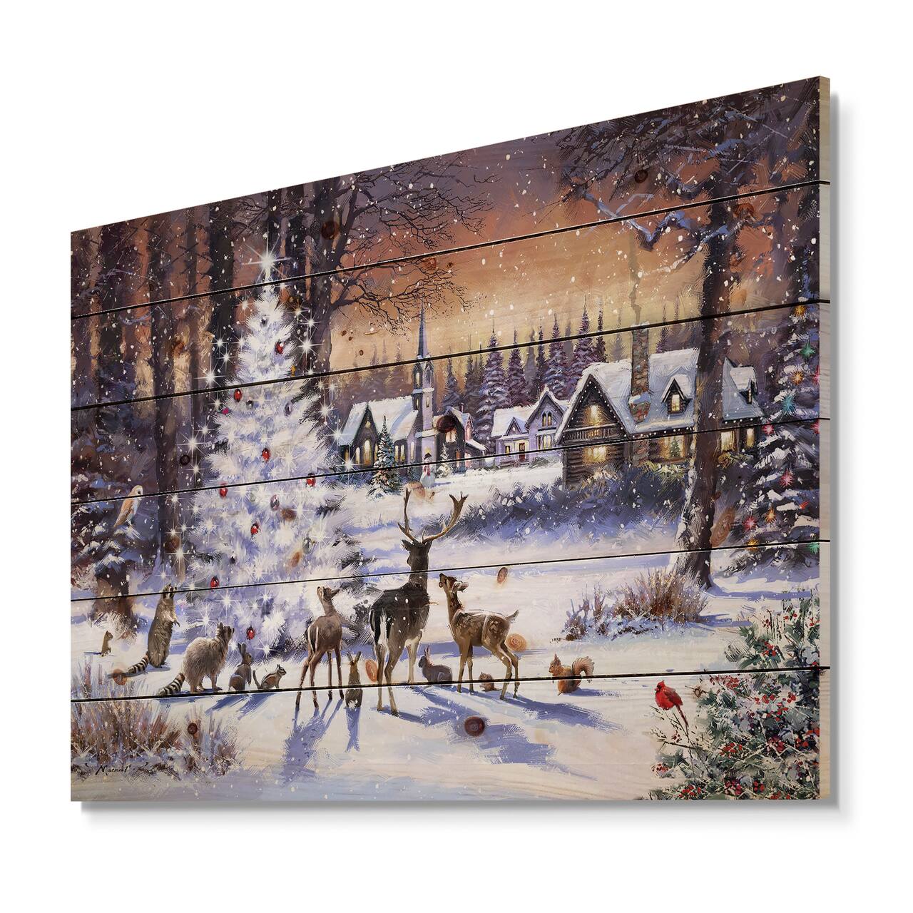 Designart Christmas Woods with Deer, Buck & Owl Print on Pine Wood